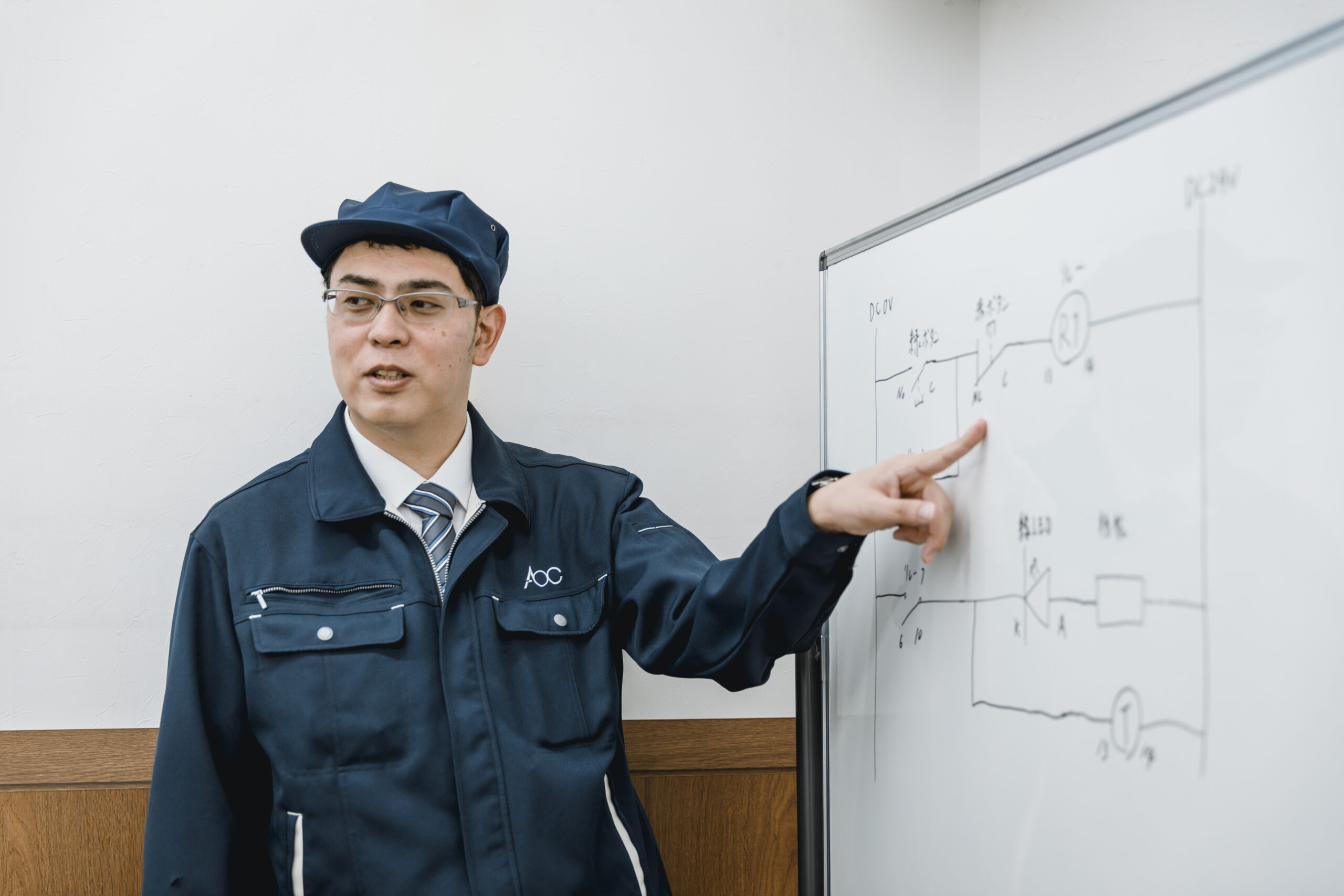 研修でホワイトボードを使いながら指導を受ける様子
